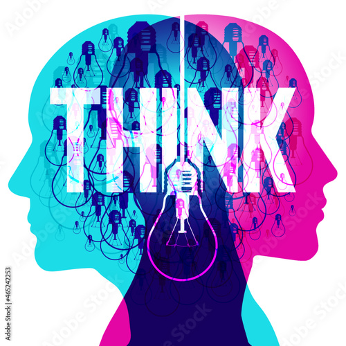 A male and female side silhouette positioned back-to-back, overlaid with various sized light bulbs and gears shapes representing the mind machine. Overlaid is a semi-transparent graphic logo “THINK”.