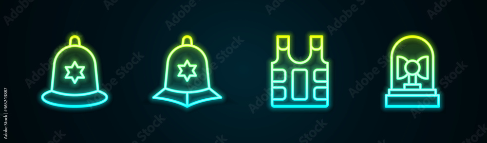 Set line British police helmet, , Bulletproof vest and Flasher siren. Glowing neon icon. Vector Set line British police helmet, , Bulletproof vest and Flasher siren. Glowing neon icon. Vector