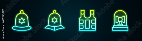 Set line British police helmet, , Bulletproof vest and Flasher siren. Glowing neon icon. Vector