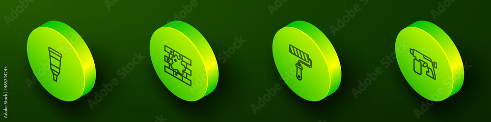 Set Isometric line Tube with paint palette, Painting the house, roller brush and spray gun icon. Vector Set Isometric line Tube with paint palette, Painting the house, roller brush and spray gun icon. Vector
