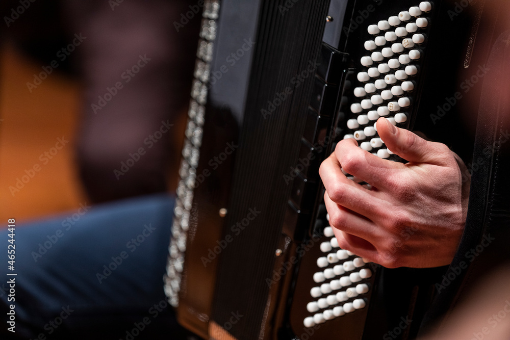 An accordion players hand placed on the buttons of a black accordion - obrazy, fototapety, plakaty 