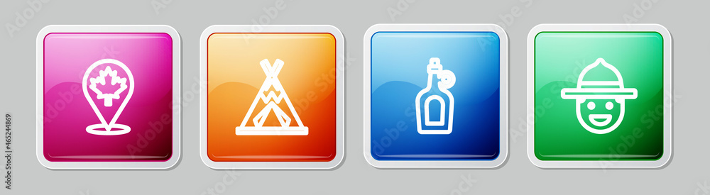 Set line Canadian maple leaf, Indian teepee or wigwam, Bottle of syrup and ranger hat. Colorful square button. Vector Set line Canadian maple leaf, Indian teepee or wigwam, Bottle of syrup and ranger hat. Colorful square button. Vector