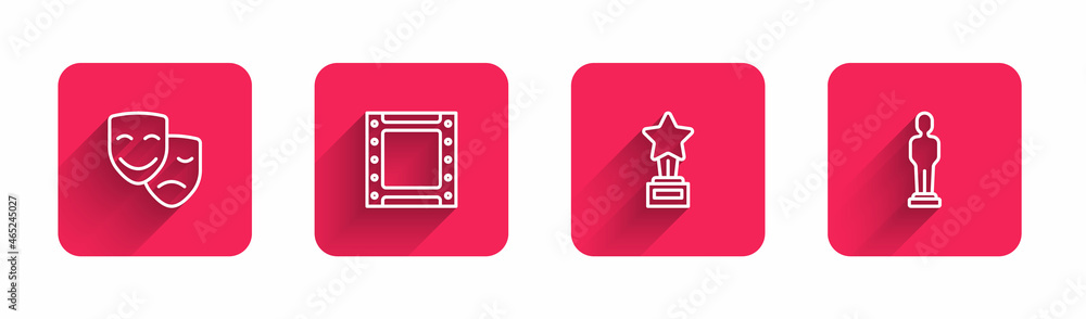 Set line Comedy and tragedy masks, Play video, Movie trophy and with long shadow. Red square button. Vector Set line Comedy and tragedy masks, Play video, Movie trophy and with long shadow. Red square button. Vector