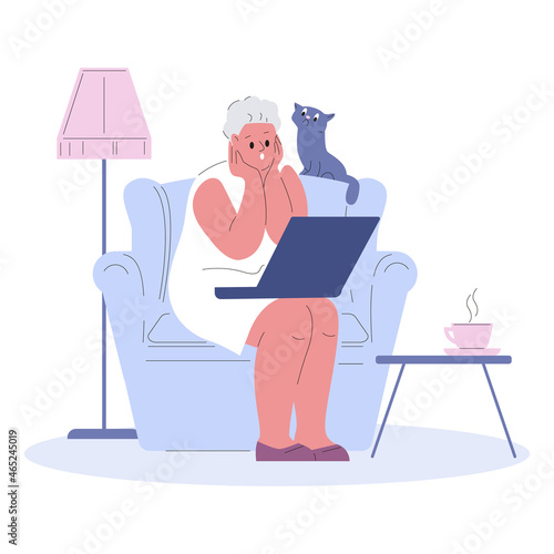 Elderly woman sitting on armchair with laptop watches video communicates studies. Modern pensioners and internet technologies. Vector illustration in flat style.