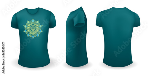 Green male t shirt with mandala. Front, back and side view. Vector