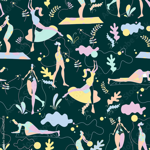 seamless pattern with joga woman ang plants on the deep green background