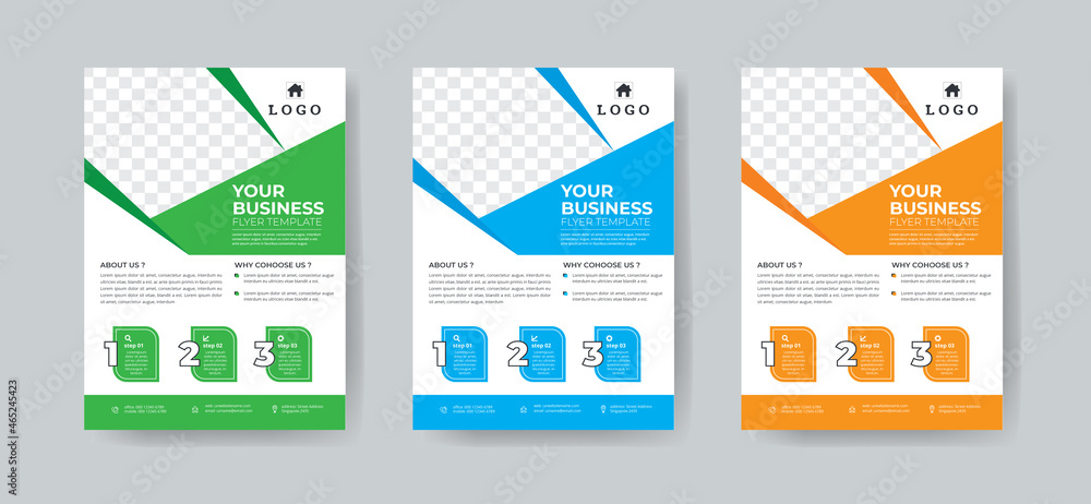 Business Flyer Template Layout with 3 Colorful Accents and Grayscale Image Masks Business Flyer Template Layout with 3 Colorful Accents and Grayscale Image Masks