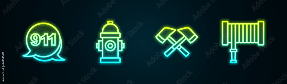 Set line Emergency call 911, Fire hydrant, Firefighter axe and hose reel. Glowing neon icon. Vector Set line Emergency call 911, Fire hydrant, Firefighter axe and hose reel. Glowing neon icon. Vector