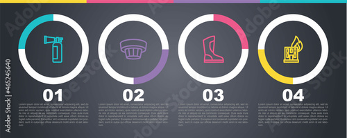 Set line Fire extinguisher, Smoke alarm system, boots and burning building. Business infographic template. Vector