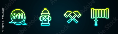 Set line Emergency call 911, Fire hydrant, Firefighter axe and hose reel. Glowing neon icon. Vector