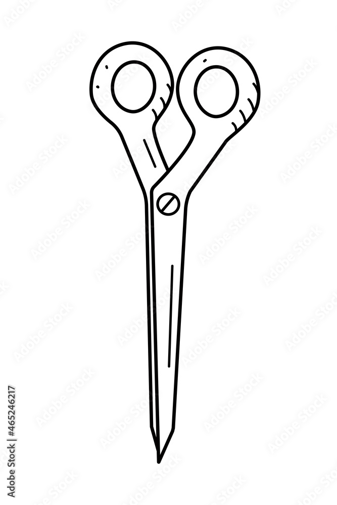 Hairdressing or household scissors, vector illustration of folded scissors, doodle style, icon isolated on white. Hairdressing or household scissors, vector illustration of folded scissors, doodle style, icon isolated on white.