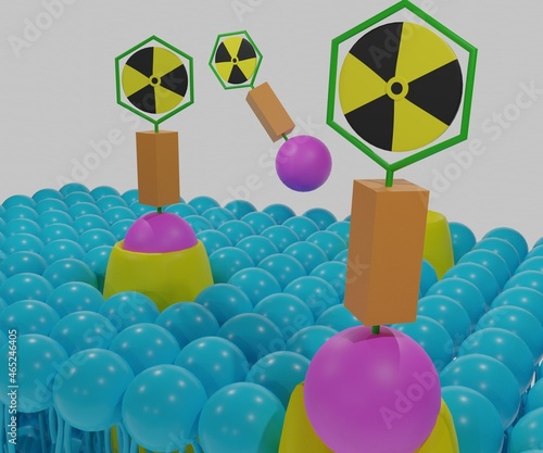 theranostic radiopharmaceuticals. A radionuclide is combined with a targeting vector (Binding molecule) in 3d rendering photo
