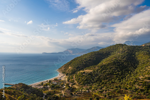 view of sea from small mountain top with olive trees and grass at foreground