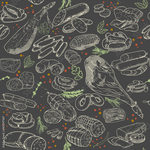 Seamless Pattern of meat products and meat delicacies. Sausages, ham, bacon, lard, salami in sketch style. Background for printing butcher shop packaging
