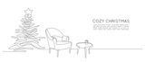 One continuous Line drawing of festive interior with armchair and christmas tree, table and garland. Web banner Modern furniture for living room decor in simple linear style. Vector illustration