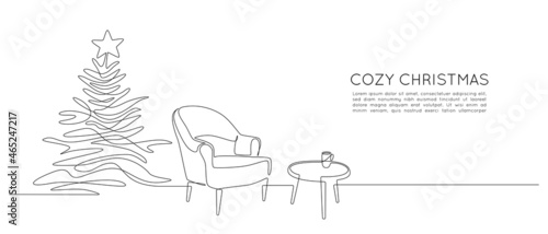 One continuous Line drawing of festive interior with armchair and christmas tree, table and garland. Web banner Modern furniture for living room decor in simple linear style. Vector illustration