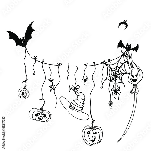 Pumpkins, hat and bats on a white background. Suitable for prints on clothes, wrapping paper, cups and other things.