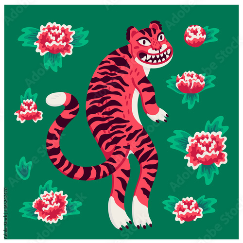 Tiger vector illustration, funny cartoon pink tiger on the green background with flowers in asian style. Organic flat style vector illustration