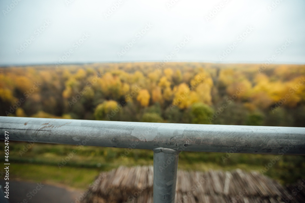 autumn forest from a height. a beautiful landscape of many trees with yellow foliage. a cloudy day in the forest. view from the observation deck with protective railings to the national park autumn forest from a height. a beautiful landscape of many trees with yellow foliage. a cloudy day in the forest. view from the observation deck with protective railings to the national park