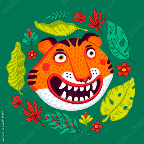 Tiger vector head, cartoon tiger funny face in tropical flowers and leaves wr...