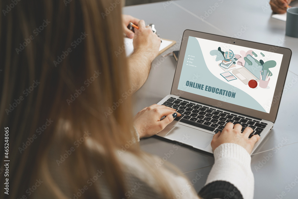 Girl student e-learning distance training course, study at home on laptop Girl student e-learning distance training course, study at home on laptop