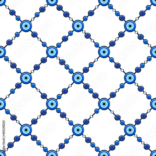 Seamless pattern with fatima eye and beads. Colored vector background.