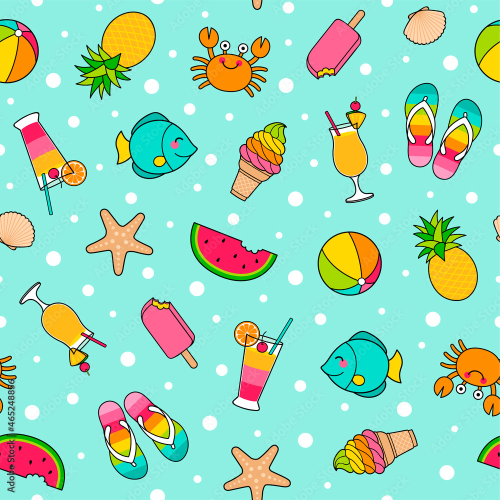 Colorful cute cartoon seamless pattern in summer holiday concept.