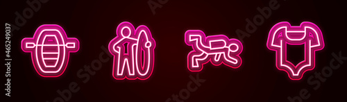 Set line Boat with oars, Surfboard, Scuba diver and Swimsuit. Glowing neon icon. Vector