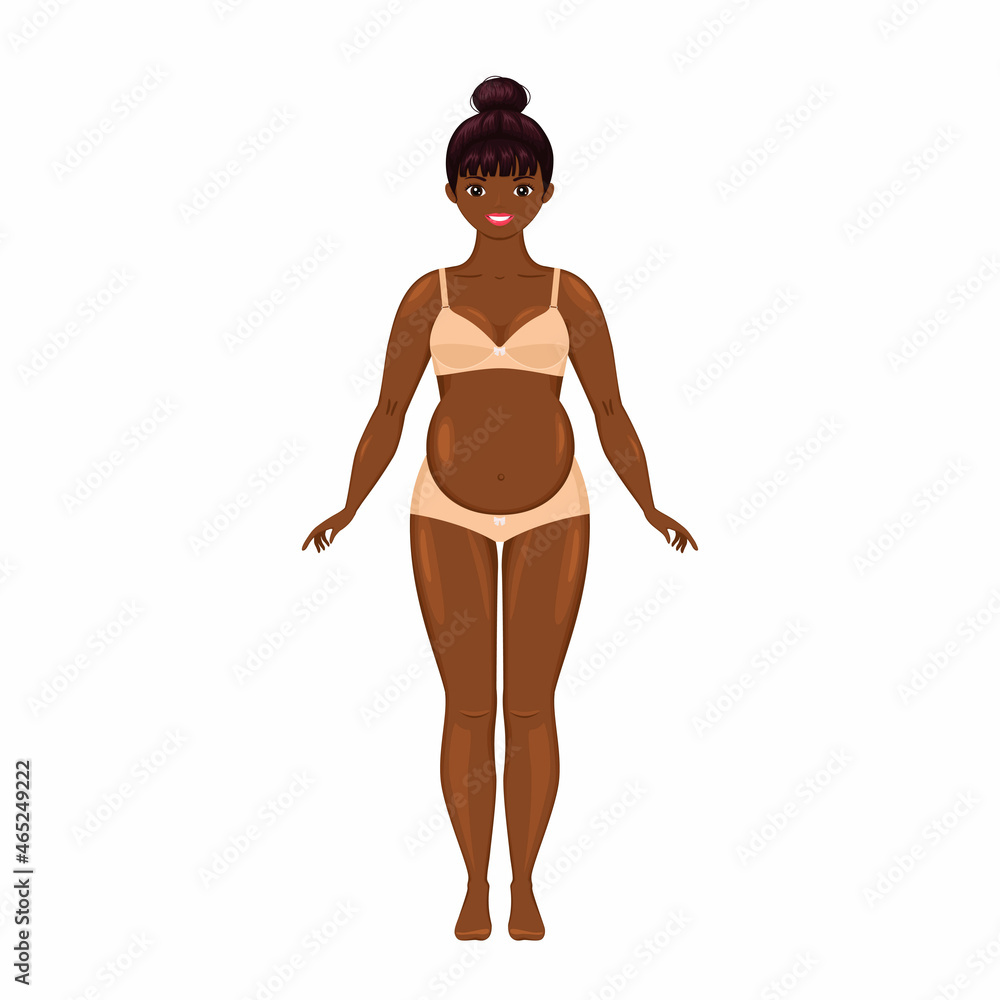 Cute young African American pregnant woman dressed in elegant underwear. Cartoon flat style. Vector illustration Cute young African American pregnant woman dressed in elegant underwear. Cartoon flat style. Vector illustration