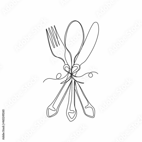 Vector continuous one single line drawing icon of fork and spoon knife in silhouette on a white background. Linear stylized.