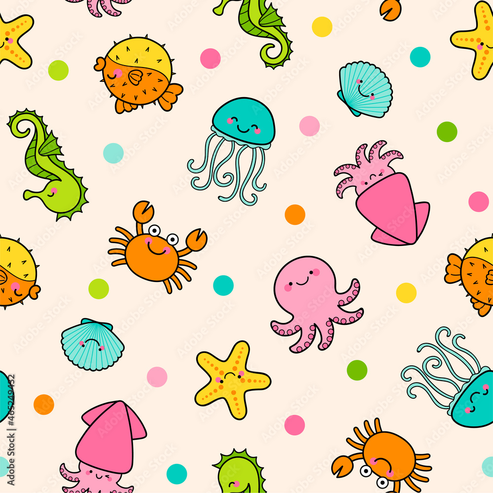 Cute marine life cartoon seamless pattern with colorful dots background. Cute marine life cartoon seamless pattern with colorful dots background.