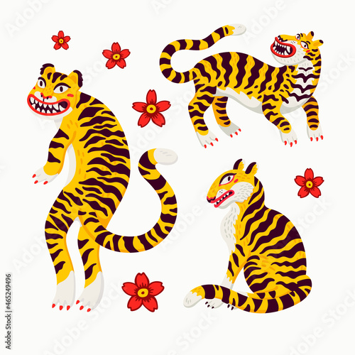 Tiger vector set, tigers in various poses and japanese cherry blossom in cartoon asian style. Organic flat style vector illustration.