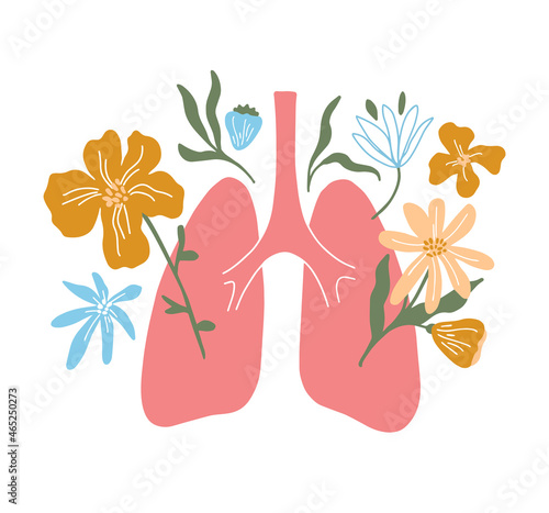Isolated vector illustration of lungs with blossom flowers. Human lung, bronchi. Healthy breathe concept. Health of respiratory system. Healthcare or asthma treatment, disease prevention. Art poster