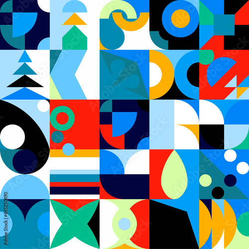 Fototapeta Naklejka Na Ścianę i Meble -  Colorful abstract flat geometric retro style seamless pattern.  Bauhaus abstract style in different colors background.