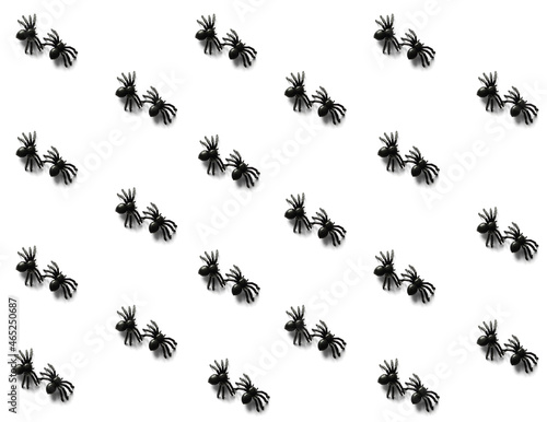 Halloween spooky pattern with the set of two small black plastic spiders on white background. Happy Halloween. Top view. © Artemisia_Absinthium