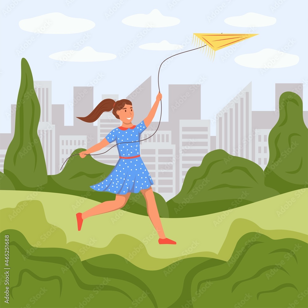 A girl launches a kite in a city park. Flat cute vector illustration A girl launches a kite in a city park. Flat cute vector illustration