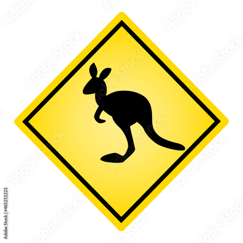 Kangaroo sign isolated on white background.Danger yellow rhombus road sign with kangaroo silhouette.Panel for warning safety traffic about at roadside wildlife animals.Kangaroos crossing symbol.Vector