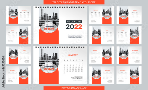 Desk Calendar 2022 template - 12 months included - A5 Size