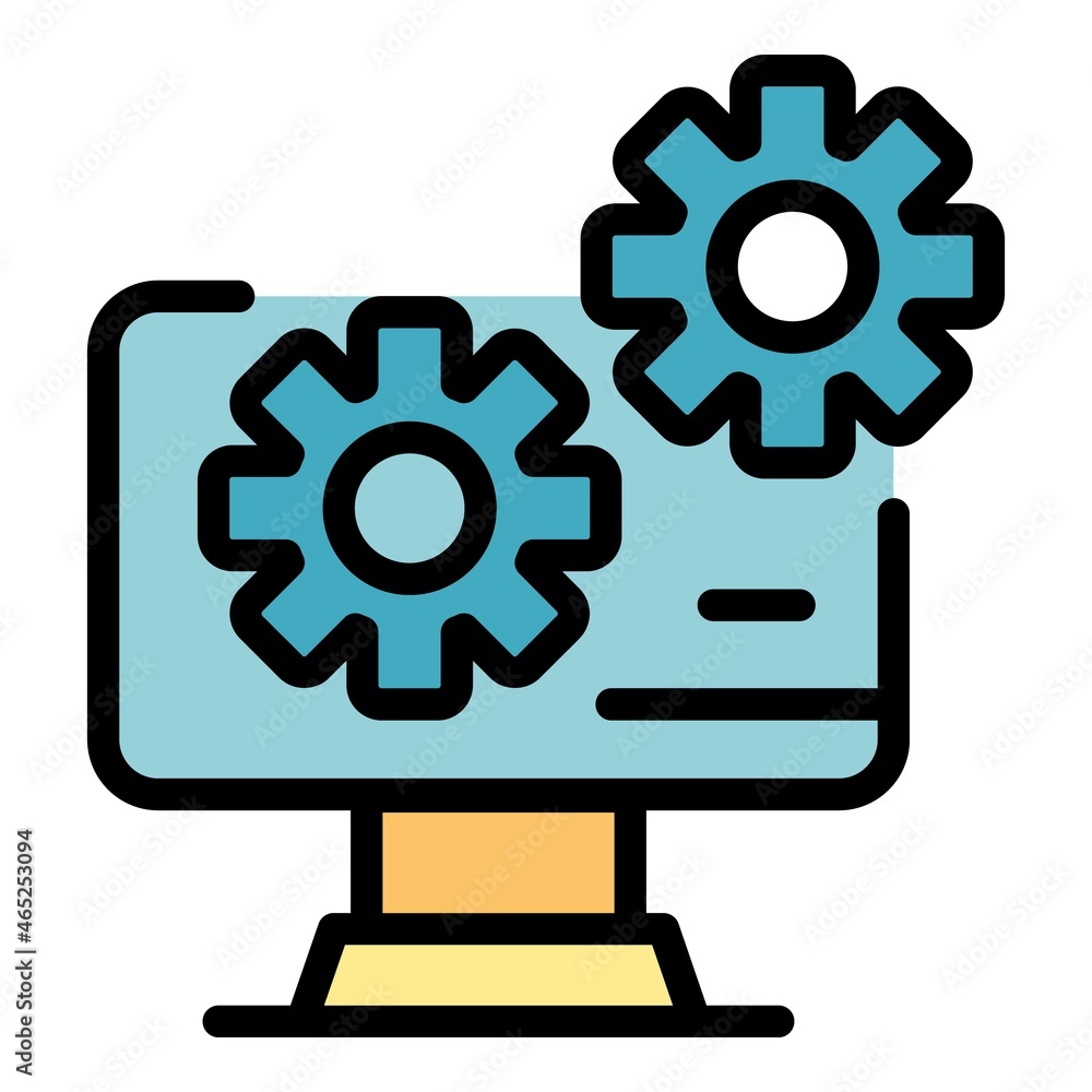 Two gears on the screen icon. Outline two gears on the screen vector icon color flat isolated Two gears on the screen icon. Outline two gears on the screen vector icon color flat isolated