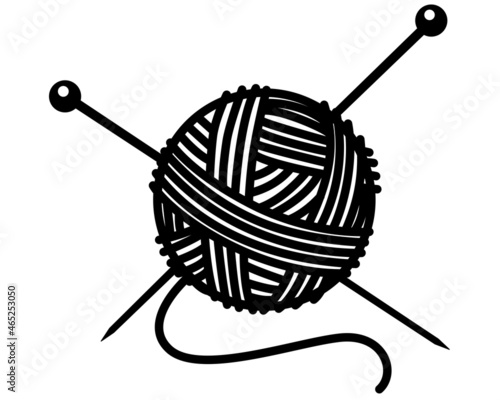 A set for knitting threads and needles. Ball of yarn for knitting and knitting needles - vector silhouette illustration for logo or pictogram. Round ball of yarn with stuck-in needles for sign or icon