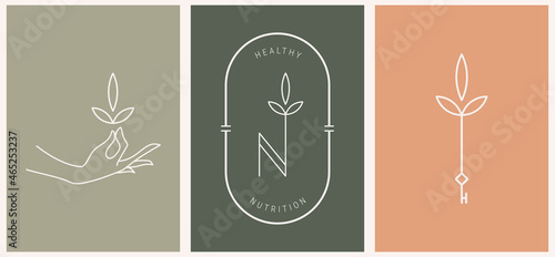 Vector nutrition design linear key and hand logos templates in trendy linear minimal style. Celestial and magical abstract.