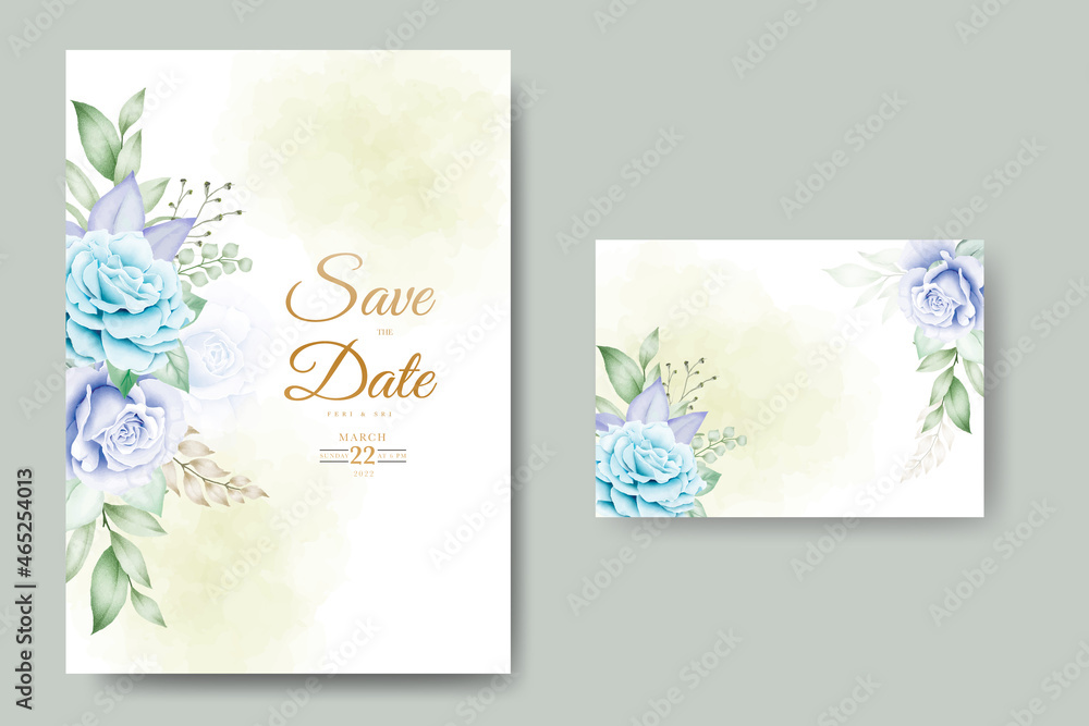wedding invitation card with floral leaves watercolor set
