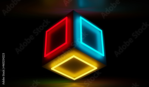3d cube with neon light on ...