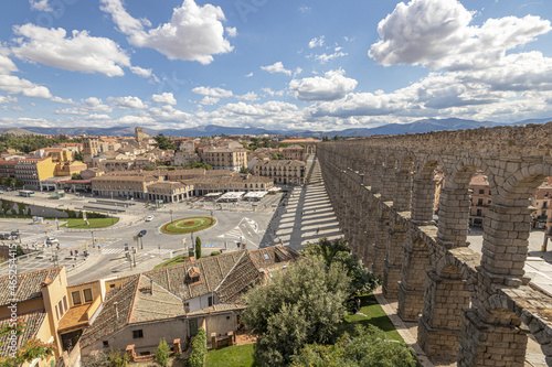 Aerial view of the Old City and the Aqueduct of Segovia in Spain during day photo