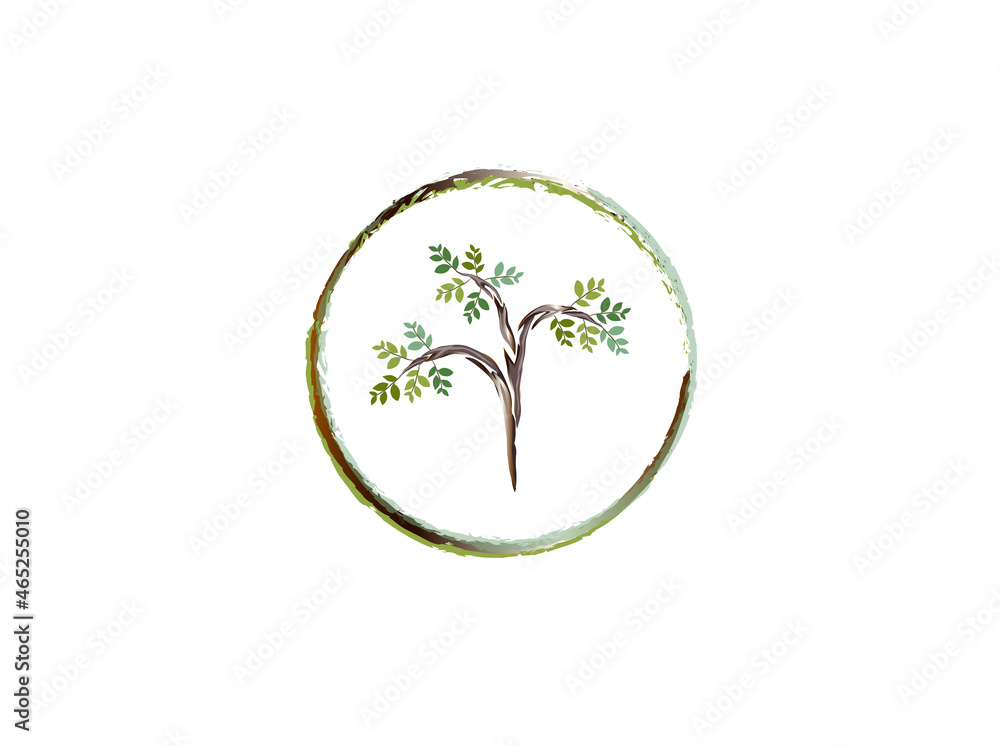tree logo with circular frame outline, vector hand drawing tree logo with circular frame outline, vector hand drawing