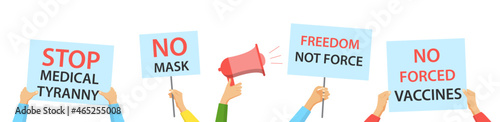 Anti vaccination and anti mask protests., vector illustration. Protesters holding posters with slogans