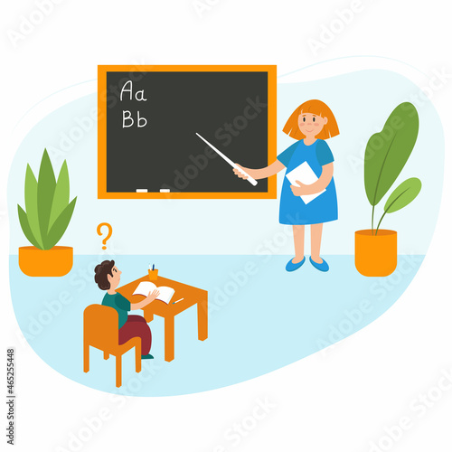 Teacher in the classroom near the blackboard with a pointer. Child with dyslexia disorder in school. School class with cartoon people characters. Vector illustration
