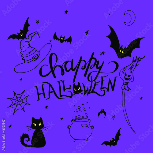 Pumpkins, hat and bats with the inscription "Happy Halloween" on a purple background. Suitable for prints on clothes, wrapping paper, cups and other things.