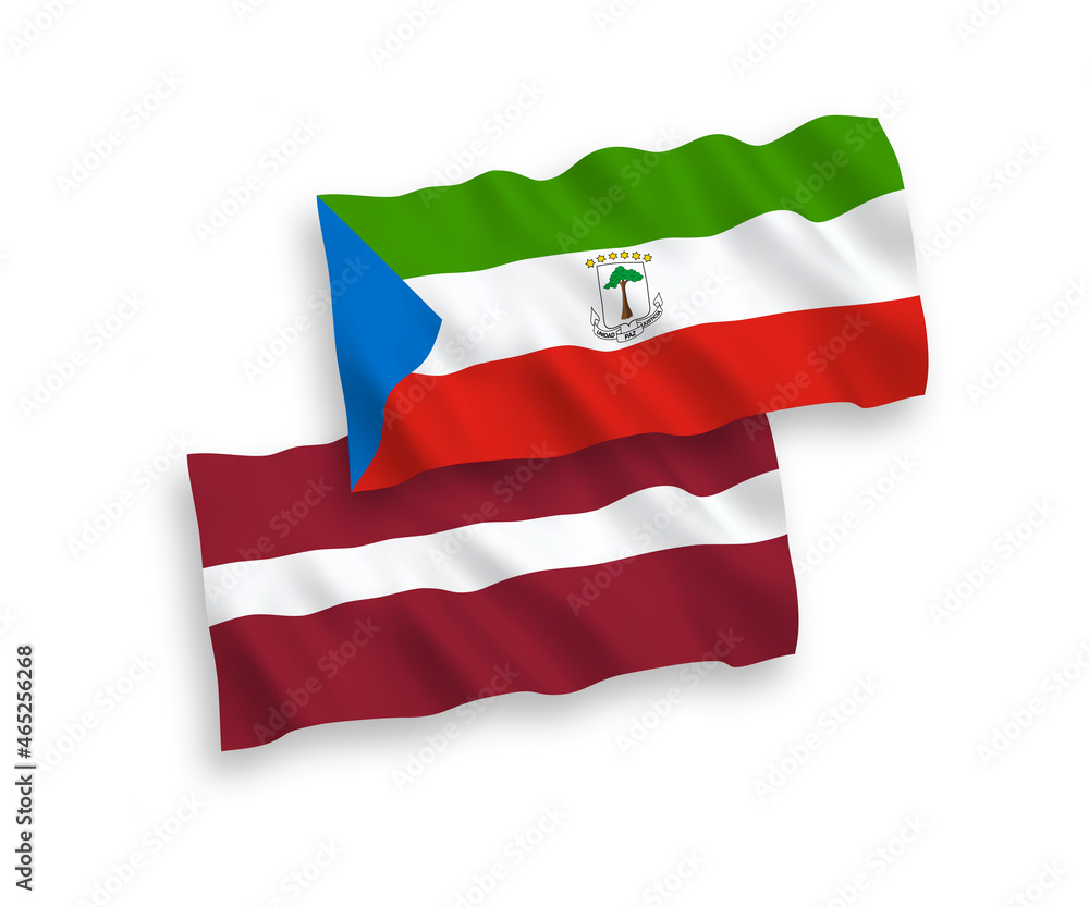 National vector fabric wave flags of Latvia and Republic of Equatorial Guinea isolated on white background. 1 to 2 proportion. National vector fabric wave flags of Latvia and Republic of Equatorial Guinea isolated on white background. 1 to 2 proportion.