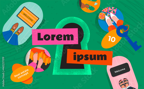 Stickers with different kinds of foot, keychain fob top view promo banner. Keyhole vector Illustration and blank space in the middle. Real estate concept with door and welcome mat.